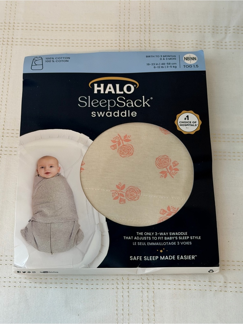 Halo Sleep Sack Swaddle 100% Cotton, TOG 1.5, Rose Toss Blush, Newborn
